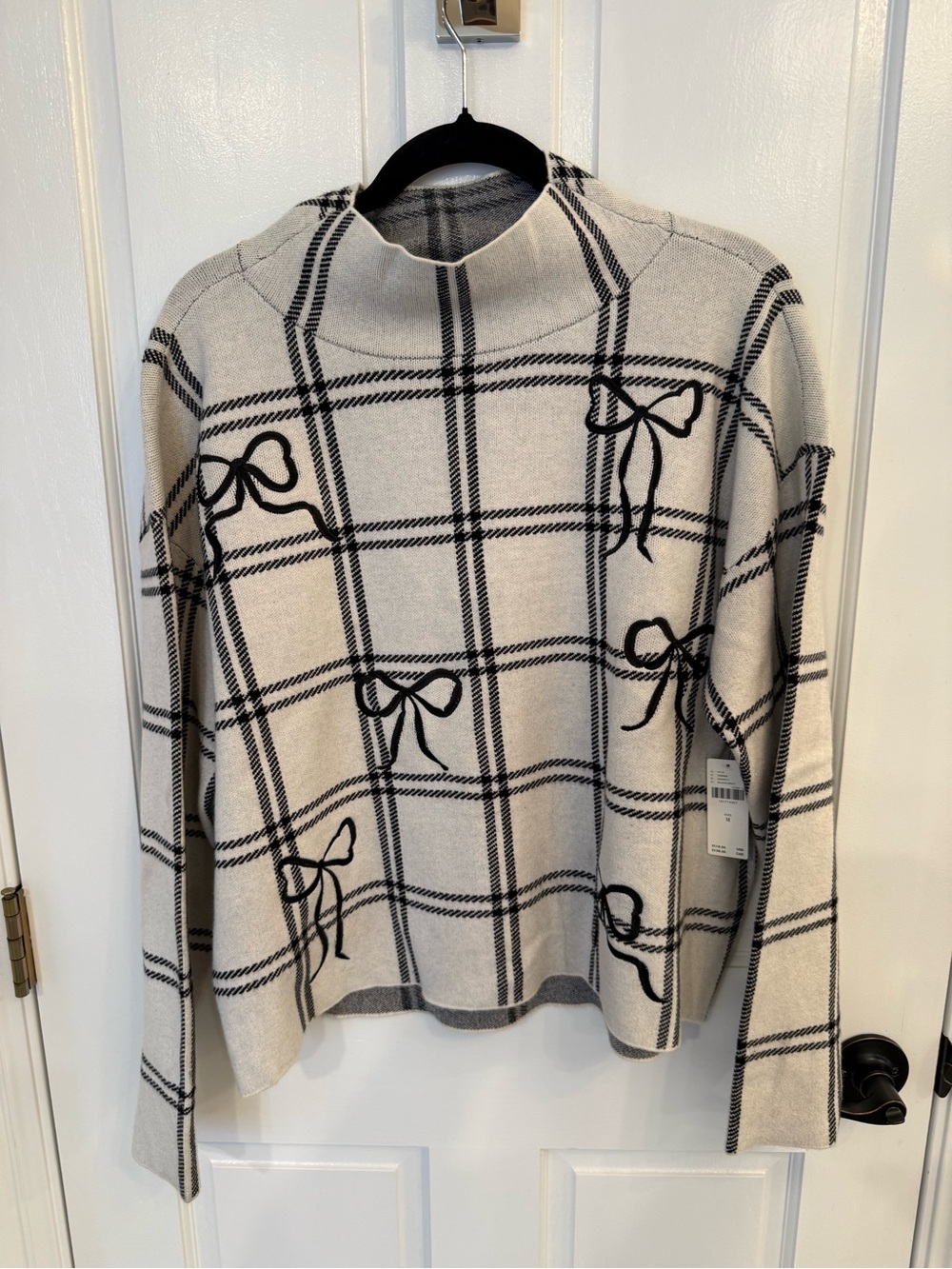 Maeve Crewneck Plaid Sweater with Bow Detail - Cream/Black NWT